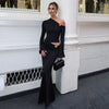 Oblique Shoulder Metal Decorative Bell Sleeve Top High Waist Skirt Suit