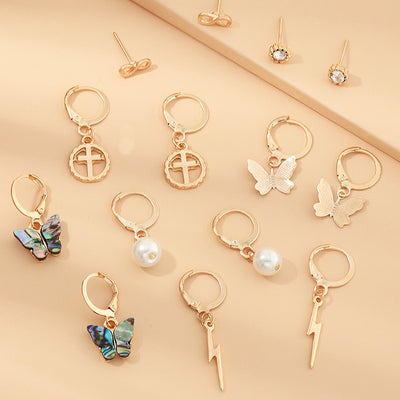 Multi-Element Lightning Cross Small Ear Ring Earings Set