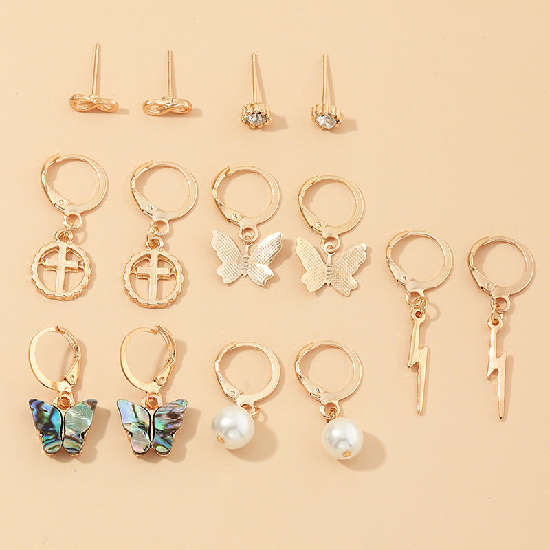 Multi-Element Lightning Cross Small Ear Ring Earings Set