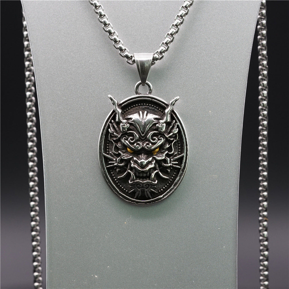 Domineering Disc Golden Eye Ghost Head Titanium Steel Men's Necklace