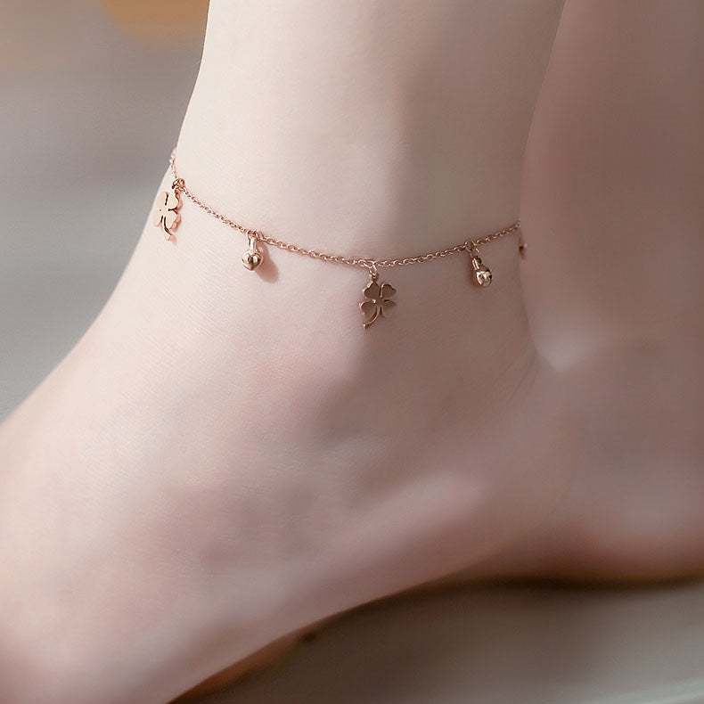 Titanium Steel Clover Bell Anklet Female Will Ring Ancient Style Ins Niche Design Jewelry