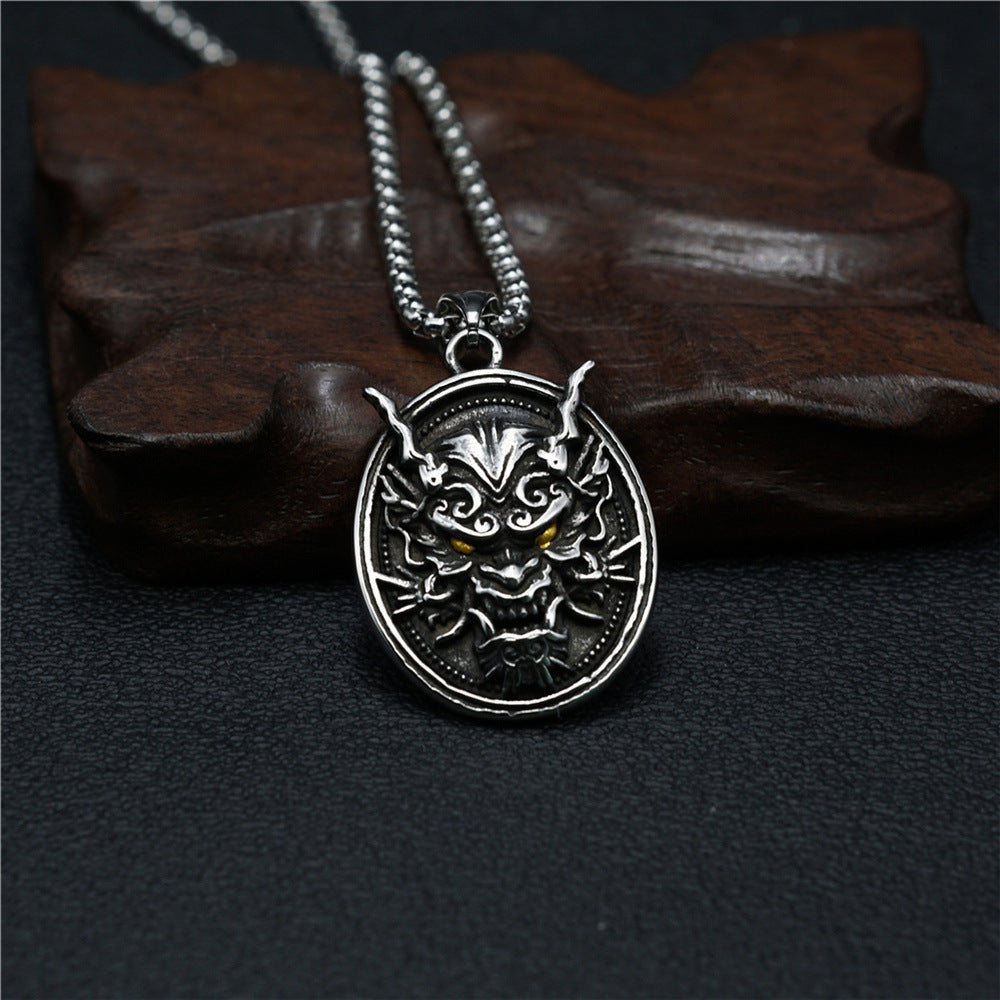 Domineering Disc Golden Eye Ghost Head Titanium Steel Men's Necklace