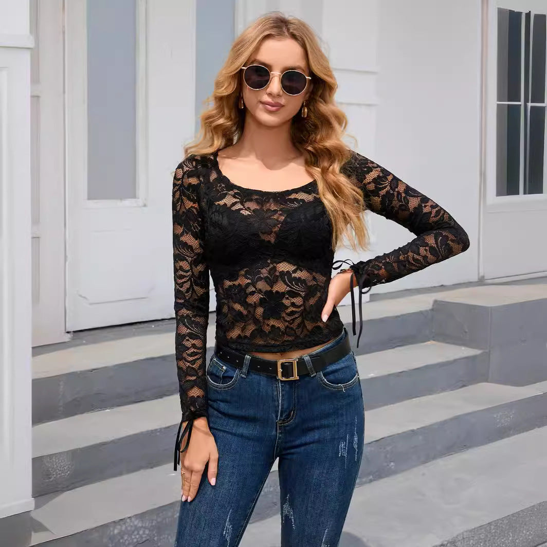 Women's Slim-fit Hot Girl See-through Lace Stitching Coat Shirt