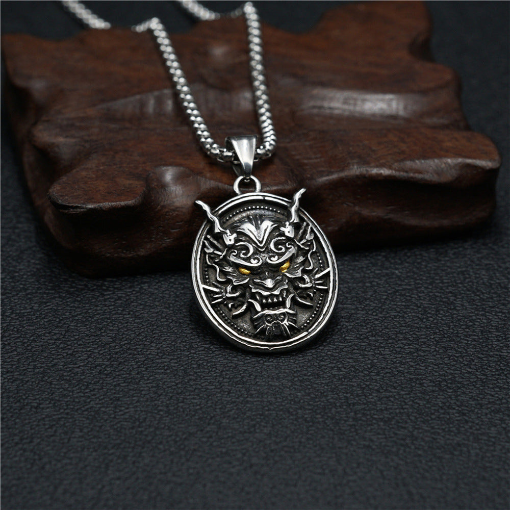 Domineering Disc Golden Eye Ghost Head Titanium Steel Men's Necklace