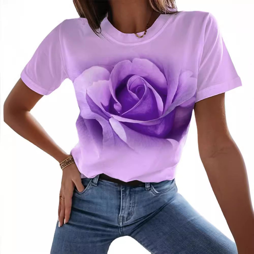 Fashion Rose 3D Printed T-shirt Round Neck Slim Fit