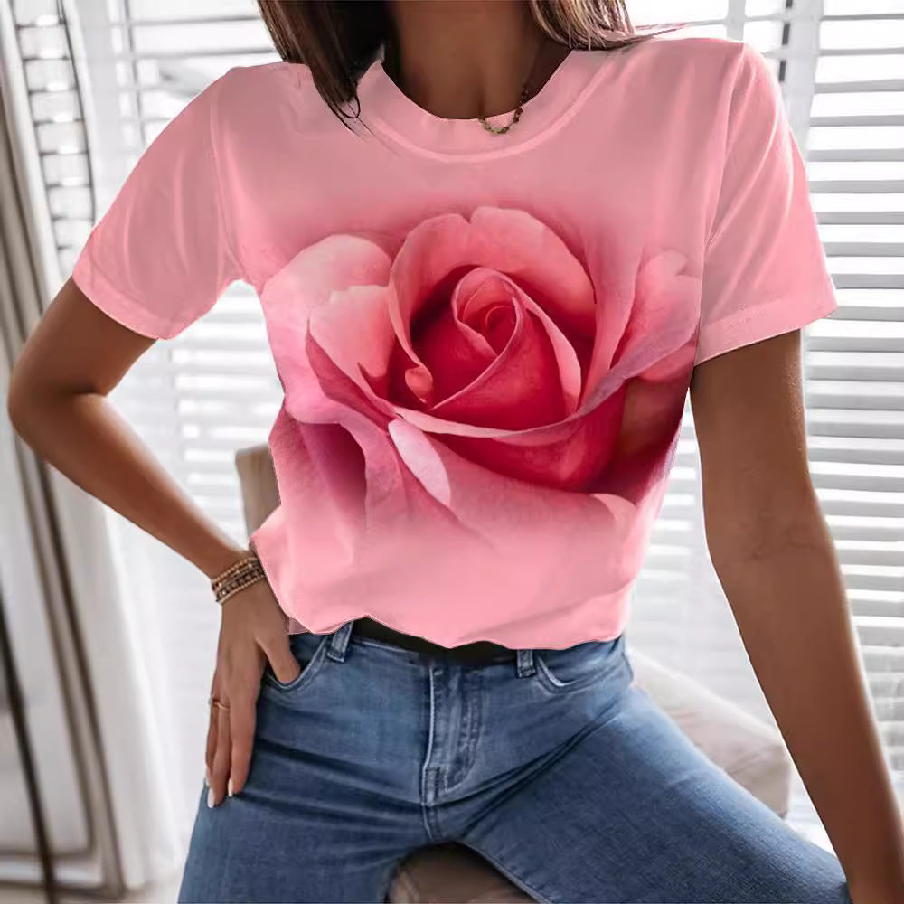 Fashion Rose 3D Printed T-shirt Round Neck Slim Fit