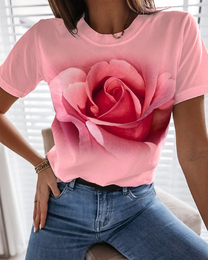 Fashion Rose 3D Printed T-shirt Round Neck Slim Fit