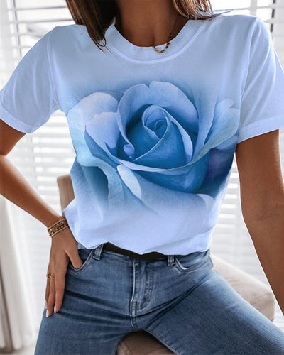 Fashion Rose 3D Printed T-shirt Round Neck Slim Fit