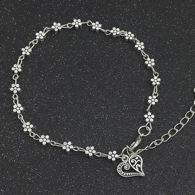 Tibetan Silver Hollow Plum Blossom Foot Ornaments Heart-shaped Anklet