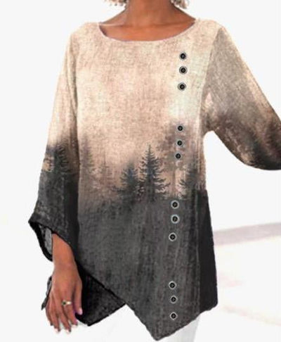 Casual Loose Round Neck Irregular Hem Printed Long Sleeve Shirt