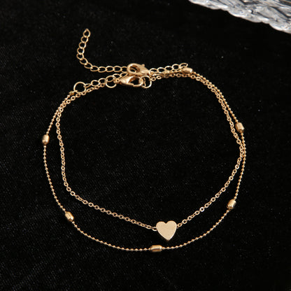 New Round Beads Double Layers Loving Heart Peach Heart Anklet Simple Multi-layer