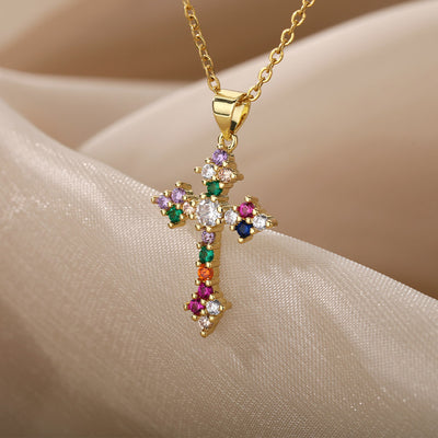 European And American Popular Color Zirconium Cross Pendant Necklace